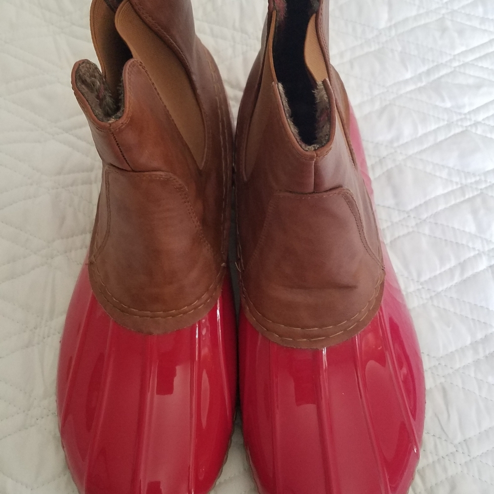 Red and brown rain boots